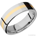 7 mm wide/Flat/14K White Gold band with one 2 mm Centered inlay of 14K Yellow Gold.