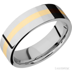 7 mm wide/Flat/14K White Gold band with one 2 mm Centered inlay of 14K Yellow Gold.
