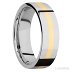 7 mm wide/Flat/14K White Gold band with one 2 mm Centered inlay of 14K Yellow Gold.