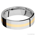 7 mm wide/Flat/14K White Gold band with one 2 mm Centered inlay of 14K Yellow Gold.
