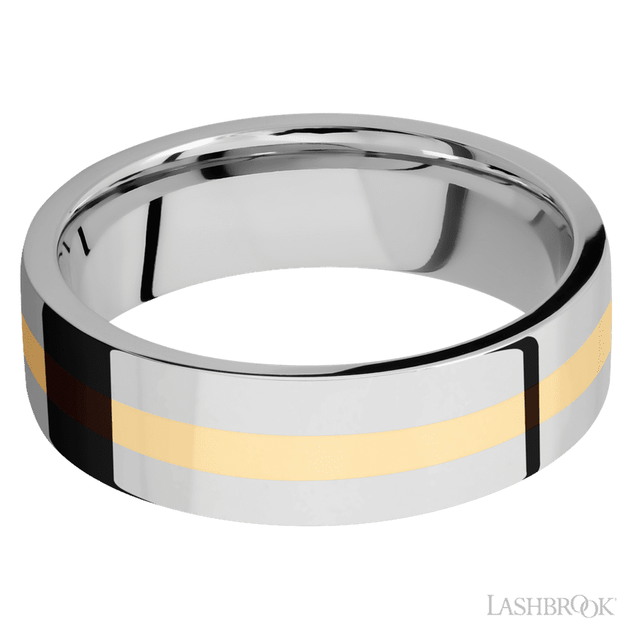 7 mm wide/Flat/14K White Gold band with one 2 mm Centered inlay of 14K Yellow Gold.