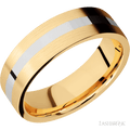 7 mm wide/Flat/14K Yellow Gold band with one 2 mm Centered inlay of 14K White Gold.