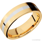 7 mm wide/Flat/14K Yellow Gold band with one 2 mm Centered inlay of 14K White Gold.