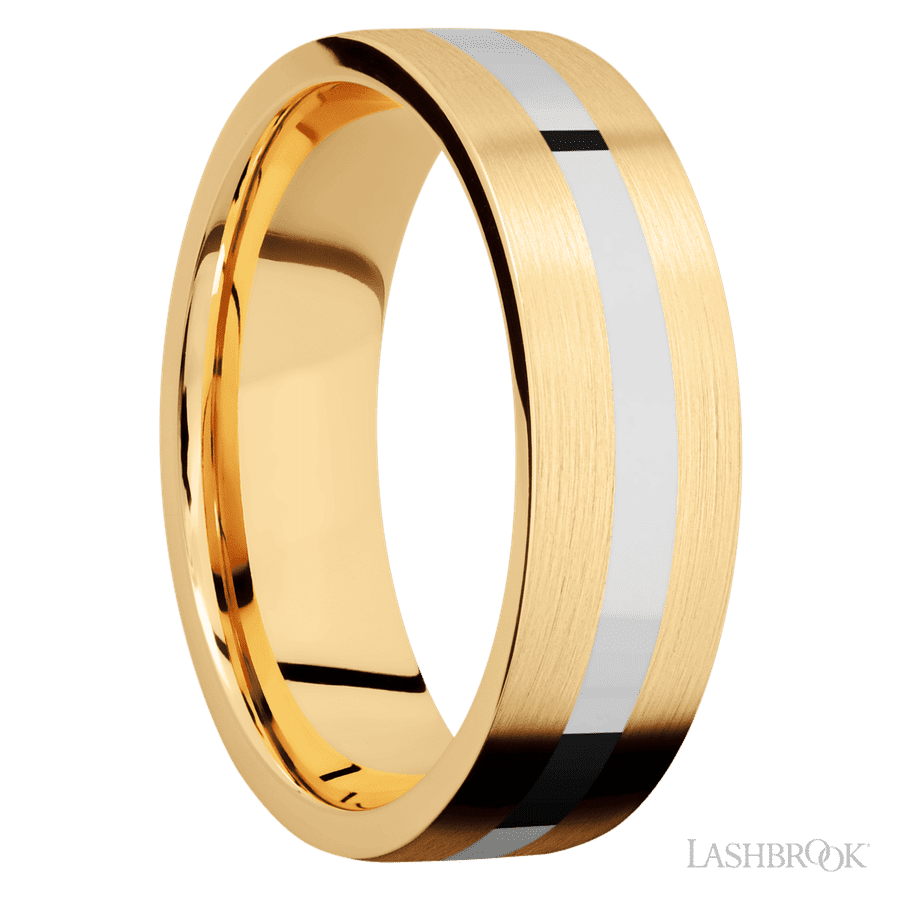 7 mm wide/Flat/14K Yellow Gold band with one 2 mm Centered inlay of 14K White Gold.