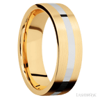 7 mm wide/Flat/14K Yellow Gold band with one 2 mm Centered inlay of 14K White Gold.
