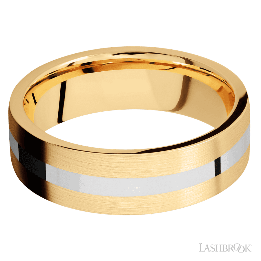 7 mm wide/Flat/14K Yellow Gold band with one 2 mm Centered inlay of 14K White Gold.