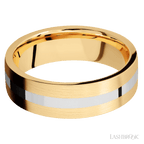 7 mm wide/Flat/14K Yellow Gold band with one 2 mm Centered inlay of 14K White Gold.