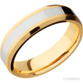 6 mm wide/Beveled/14K Yellow Gold band with one 3 mm Centered inlay of 14K White Gold.