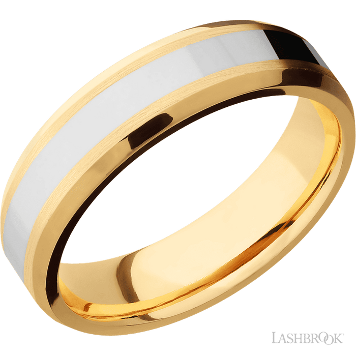 6 mm wide/Beveled/14K Yellow Gold band with one 3 mm Centered inlay of 14K White Gold.