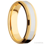6 mm wide/Beveled/14K Yellow Gold band with one 3 mm Centered inlay of 14K White Gold.