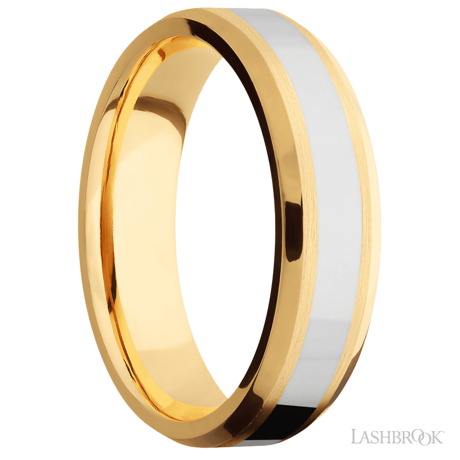 6 mm wide/Beveled/14K Yellow Gold band with one 3 mm Centered inlay of 14K White Gold.