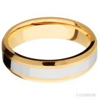 6 mm wide/Beveled/14K Yellow Gold band with one 3 mm Centered inlay of 14K White Gold.