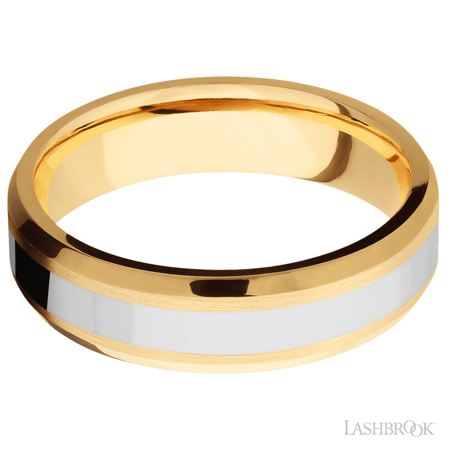 6 mm wide/Beveled/14K Yellow Gold band with one 3 mm Centered inlay of 14K White Gold.