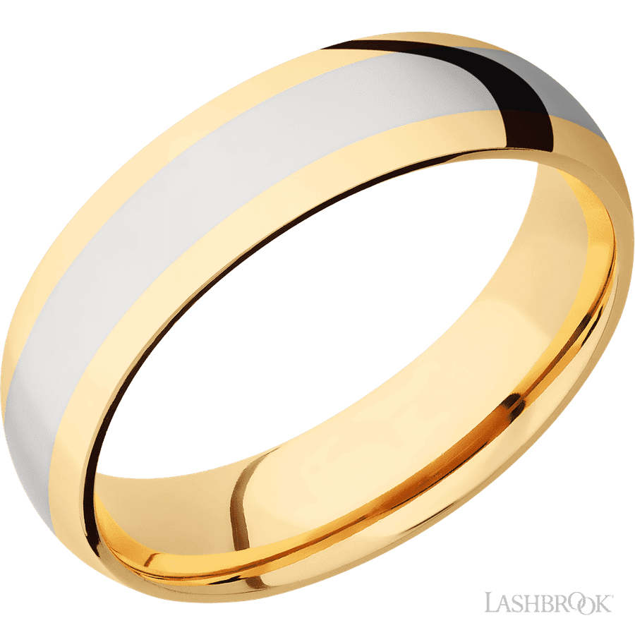 6 mm wide/Domed/14K Yellow Gold band with one 3 mm Centered inlay of 14K White Gold.