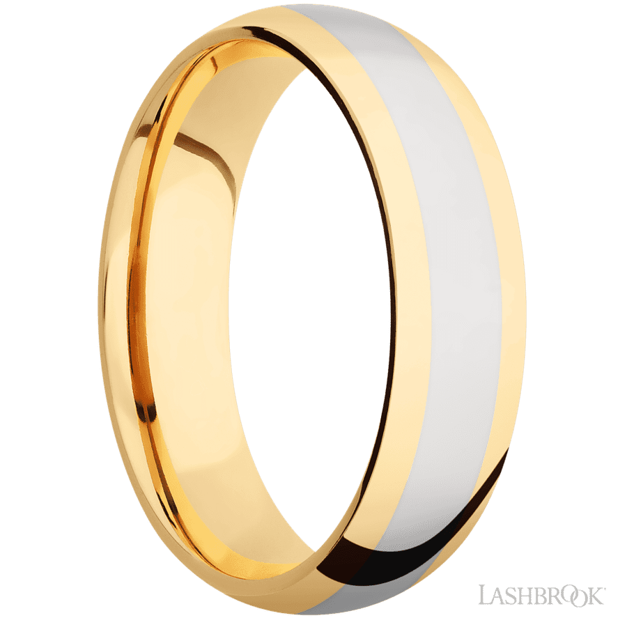 6 mm wide/Domed/14K Yellow Gold band with one 3 mm Centered inlay of 14K White Gold.