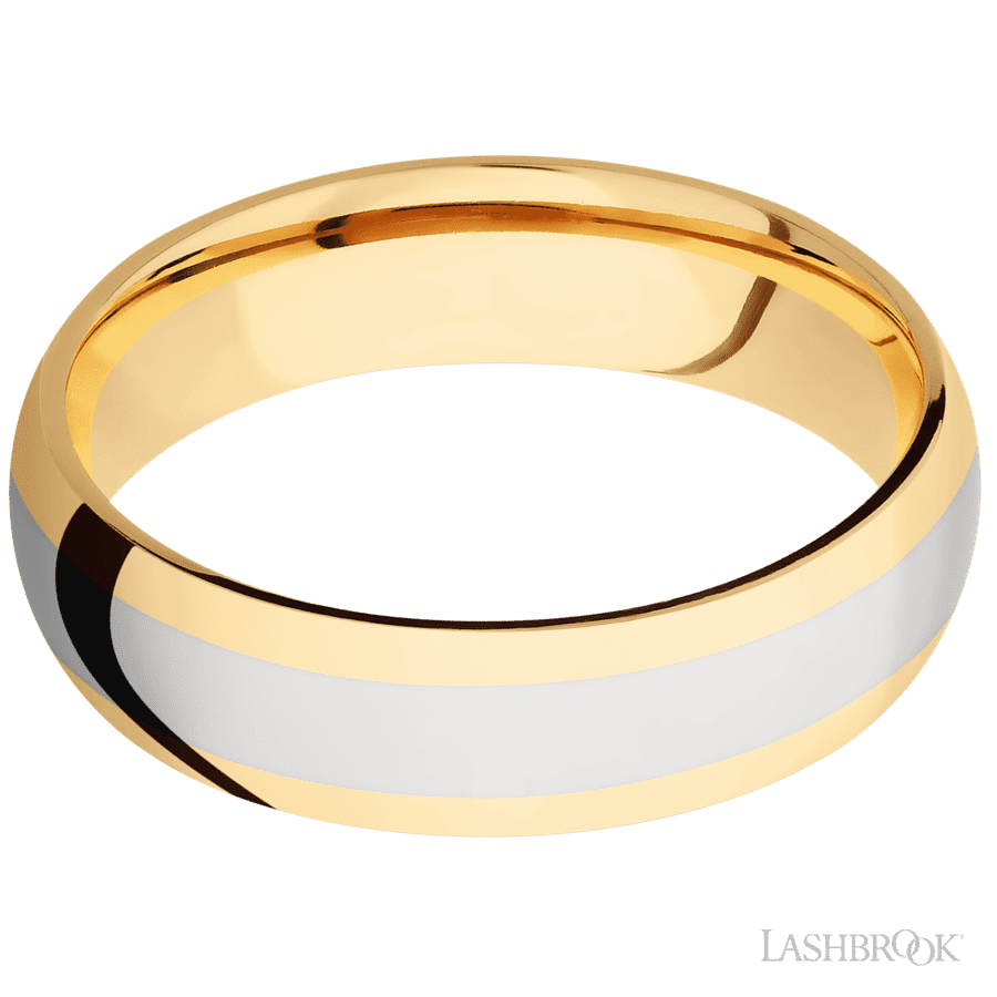6 mm wide/Domed/14K Yellow Gold band with one 3 mm Centered inlay of 14K White Gold.