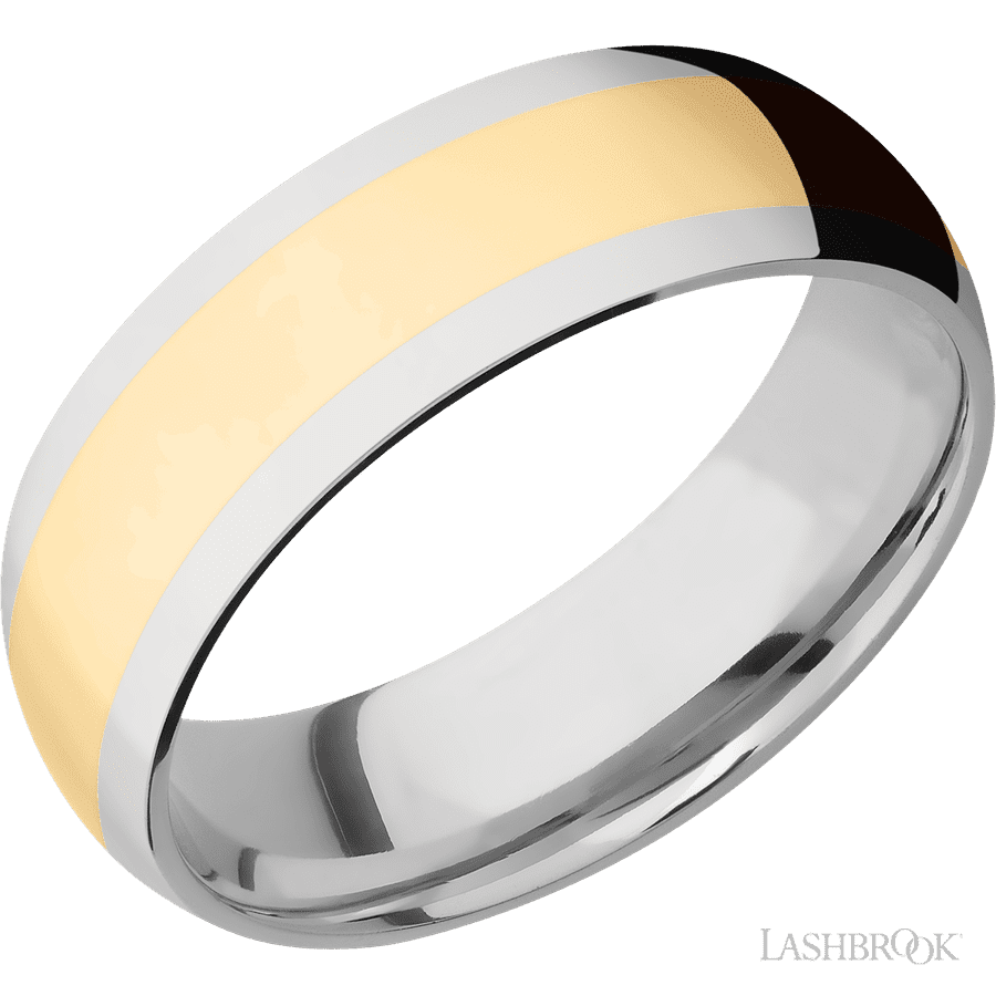7 mm wide/Domed/14K White Gold band with one 4 mm Centered inlay of 14K Yellow Gold.