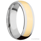 7 mm wide/Domed/14K White Gold band with one 4 mm Centered inlay of 14K Yellow Gold.