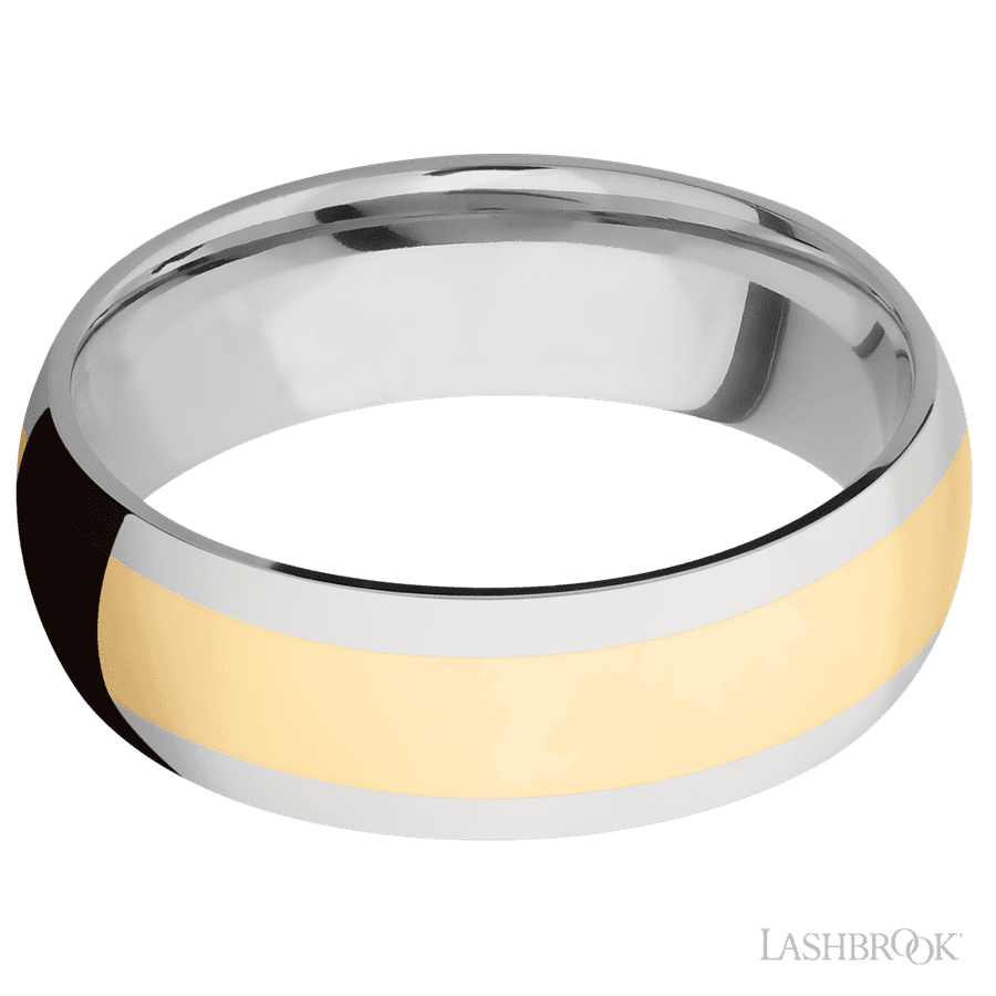 7 mm wide/Domed/14K White Gold band with one 4 mm Centered inlay of 14K Yellow Gold.