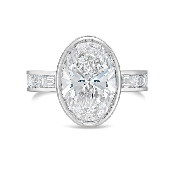 Lab-Grown Bezel Oval Diamond Ring with Channel-Set Emerald Accents, 18K Gold