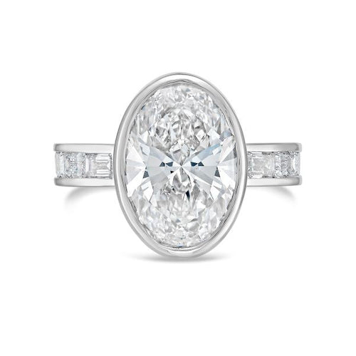 Lab-Grown Bezel Oval Diamond Ring with Channel-Set Emerald Accents