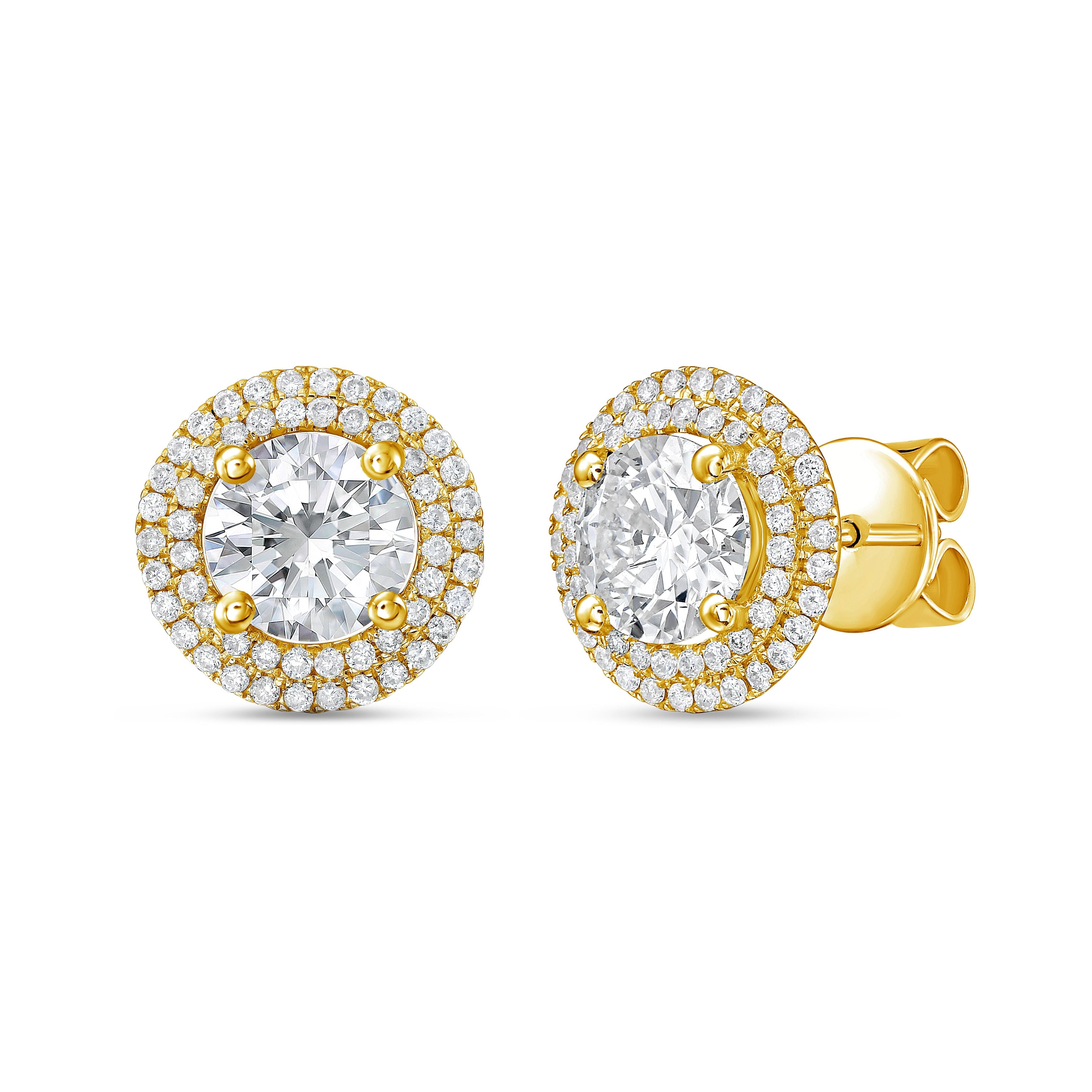 Lab-Grown Round Diamond Double Halo Earrings, 14K Gold