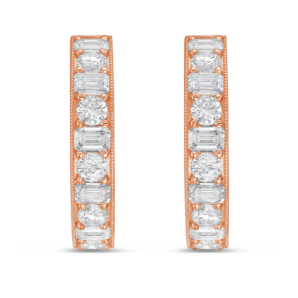 Lab Grown Round & Emerald Diamond Milgrain Hoop Earrings - 1.00"
