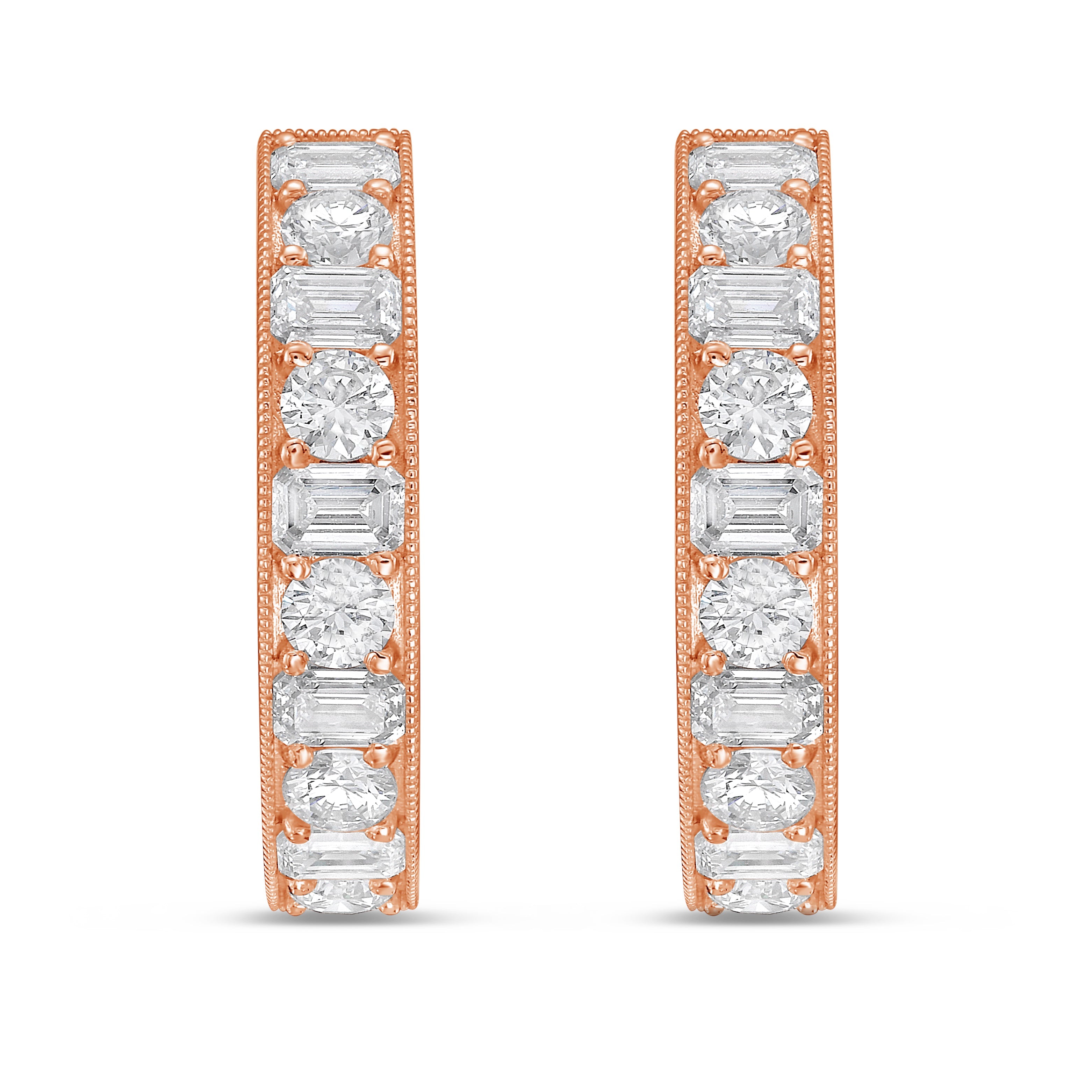 Lab Grown Round & Emerald Diamond Milgrain Hoop Earrings - 1.00"