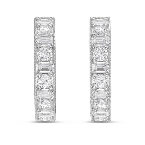 Lab Grown Round & Emerald Diamond Milgrain Hoop Earrings - 1.00"