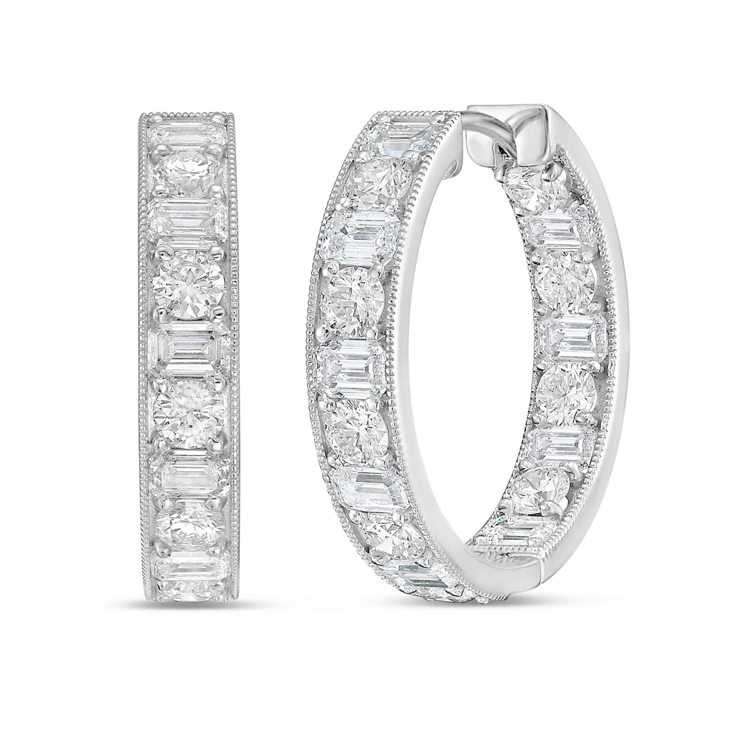 Lab Grown Round & Emerald Diamond Milgrain Hoop Earrings - 1.00"