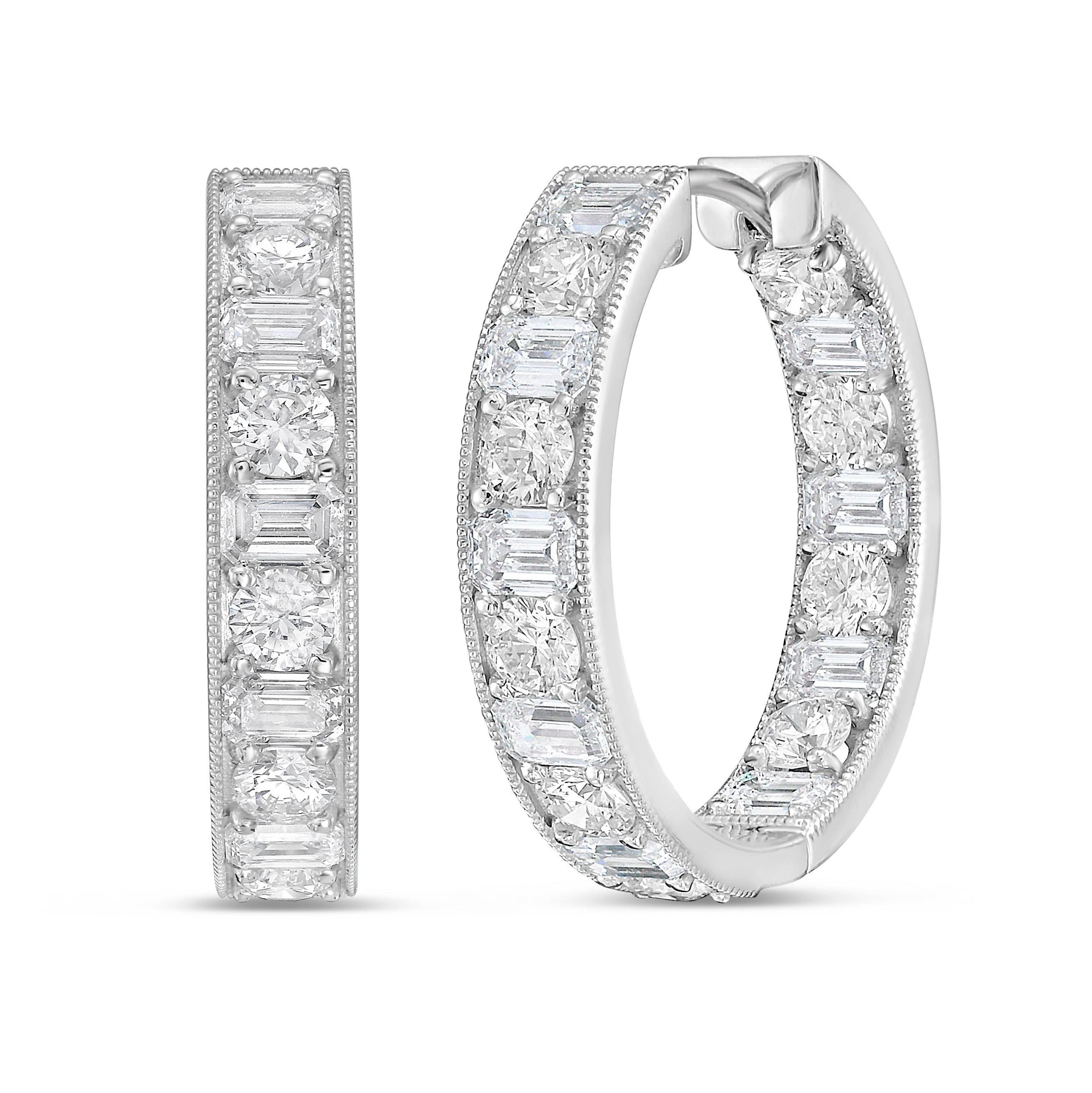Lab Grown Round & Emerald Diamond Milgrain Hoop Earrings - 1.00"