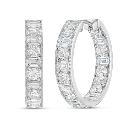 Lab Grown Round & Emerald Diamond Milgrain Hoop Earrings - 1.00"
