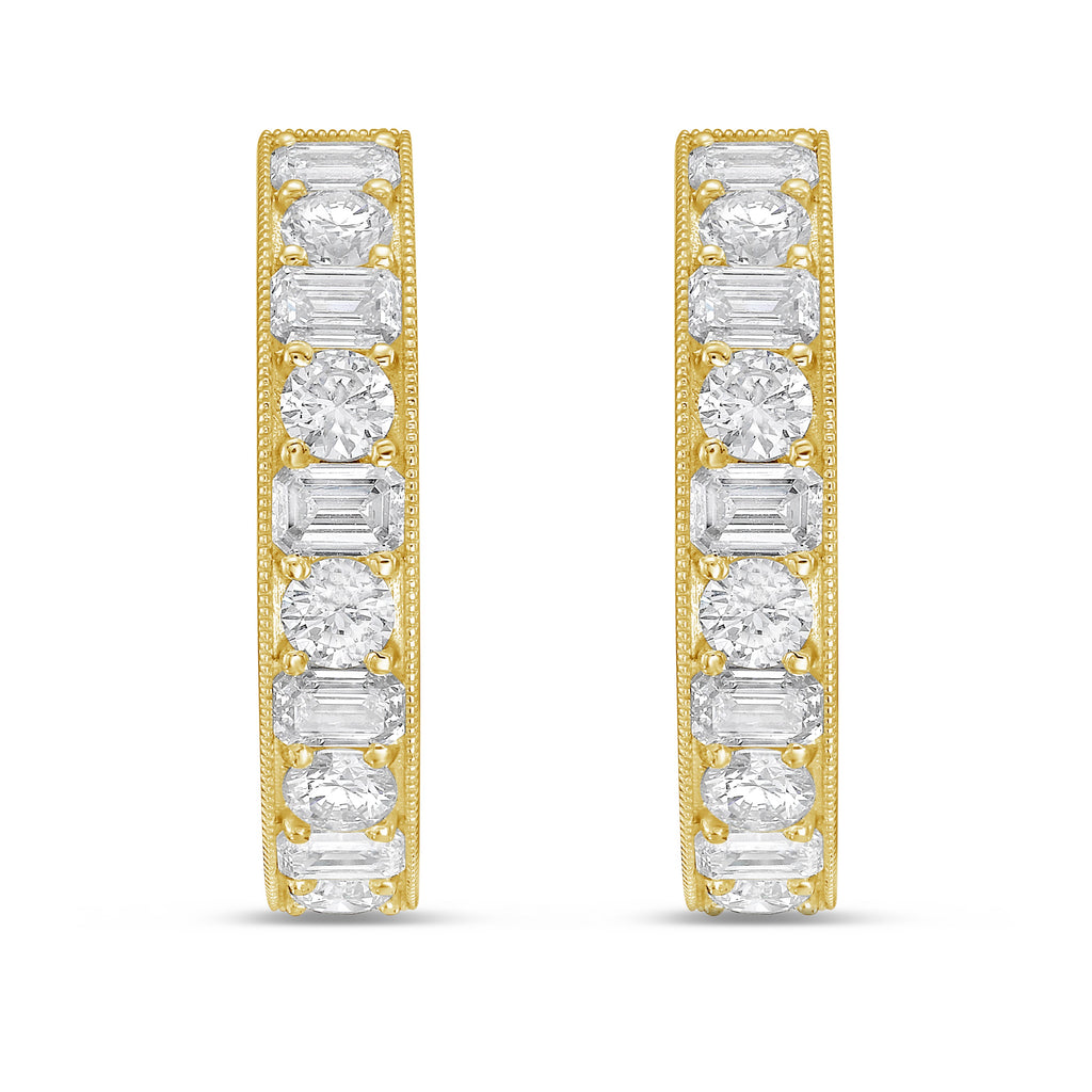 Lab Grown Round & Emerald Diamond Milgrain Hoop Earrings - 1.00"