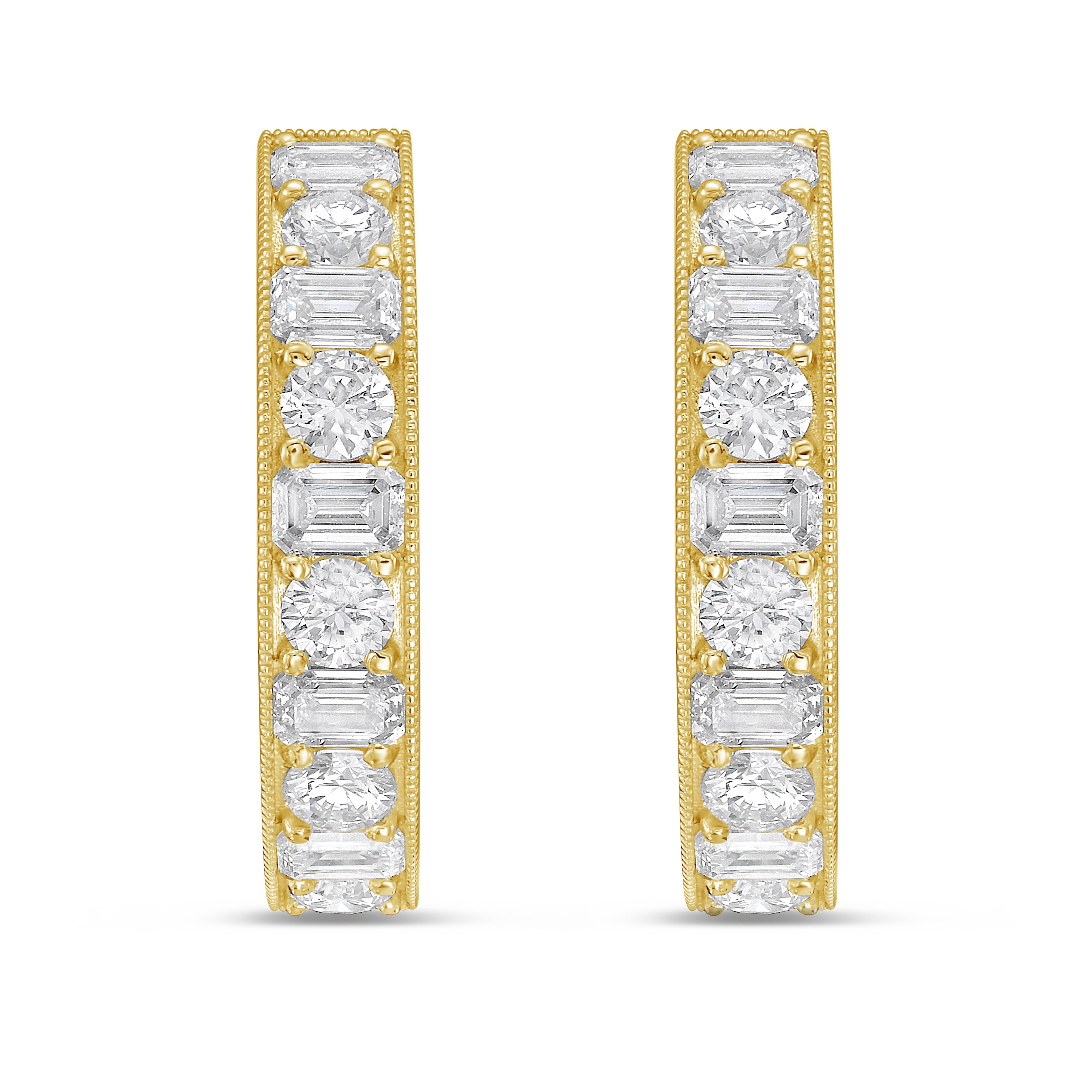 Lab Grown Round & Emerald Diamond Milgrain Hoop Earrings - 1.00"