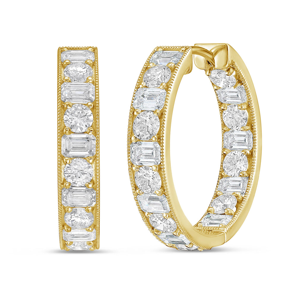 Lab Grown Round & Emerald Diamond Milgrain Hoop Earrings - 1.00"