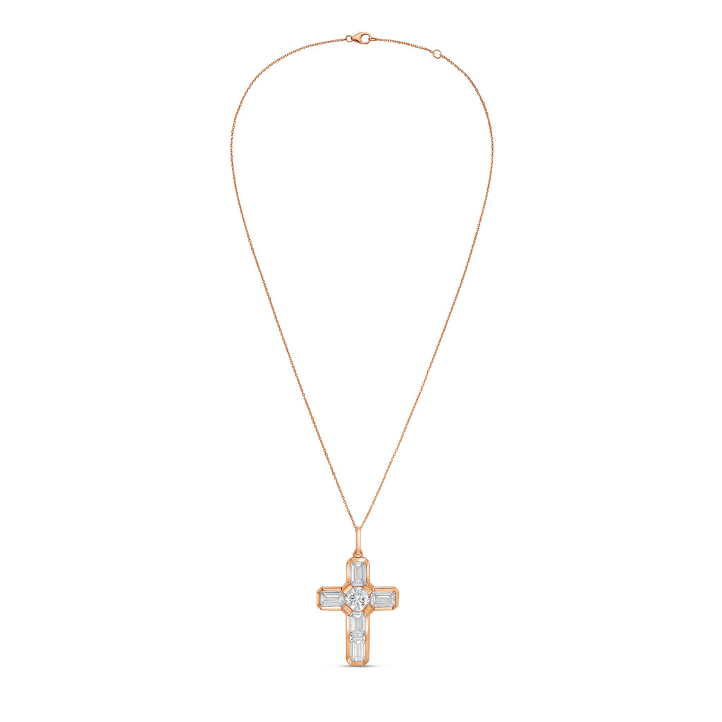 Lab Grown Round & Emerald Diamond Bezel Cross Pendant
