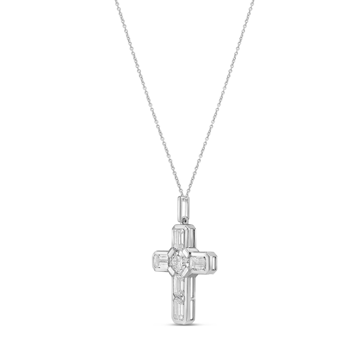 Lab Grown Round & Emerald Diamond Bezel Cross Pendant