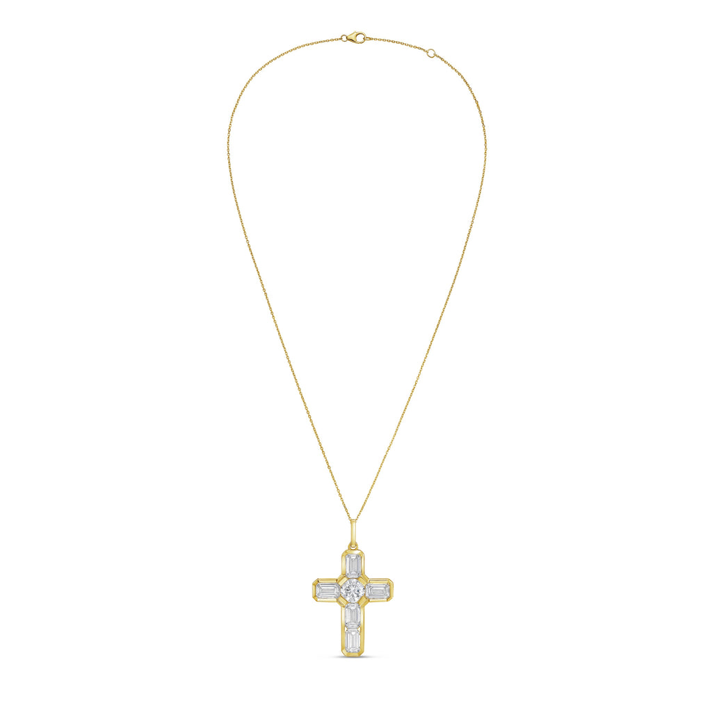 Lab Grown Round & Emerald Diamond Bezel Cross Pendant