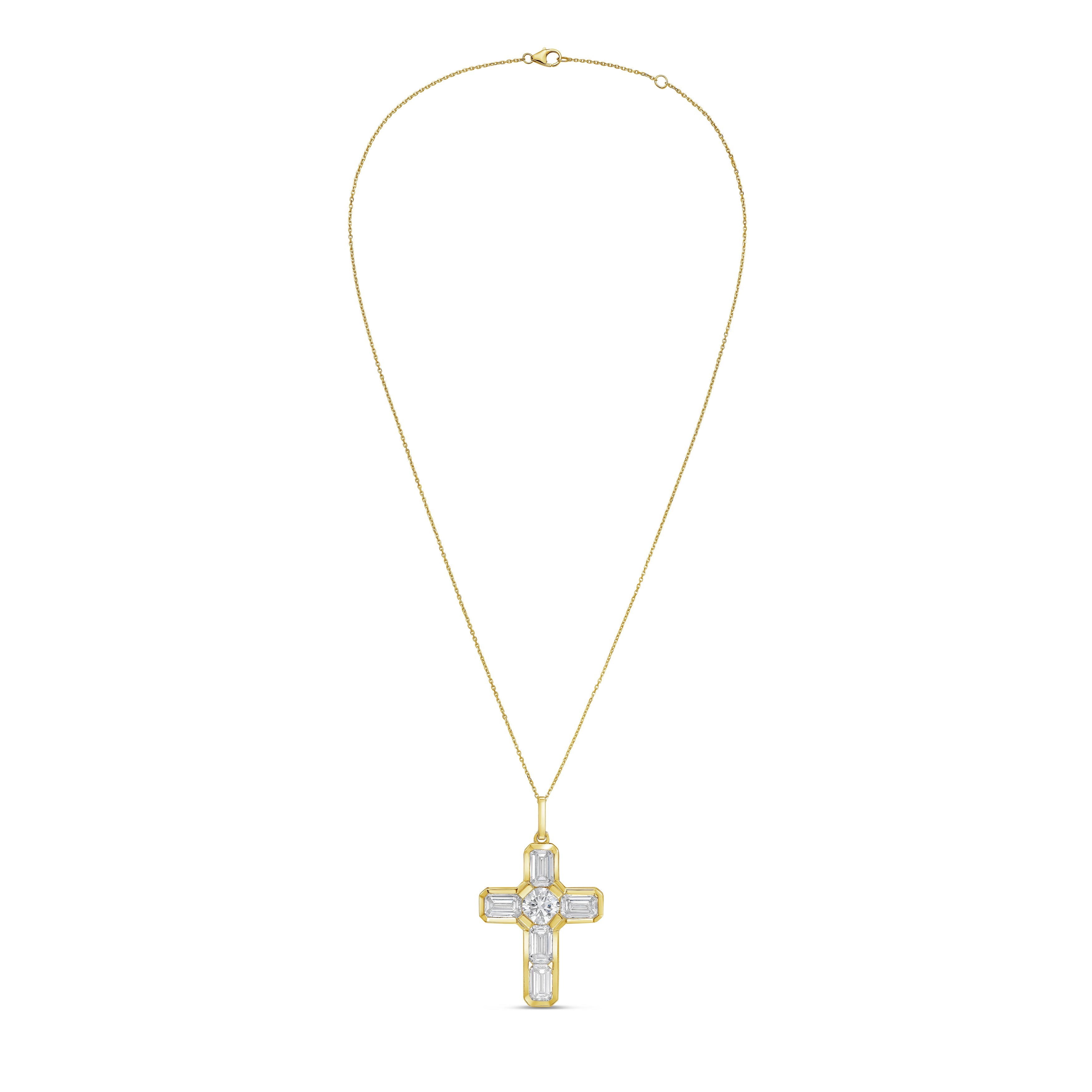 Lab Grown Round & Emerald Diamond Bezel Cross Pendant