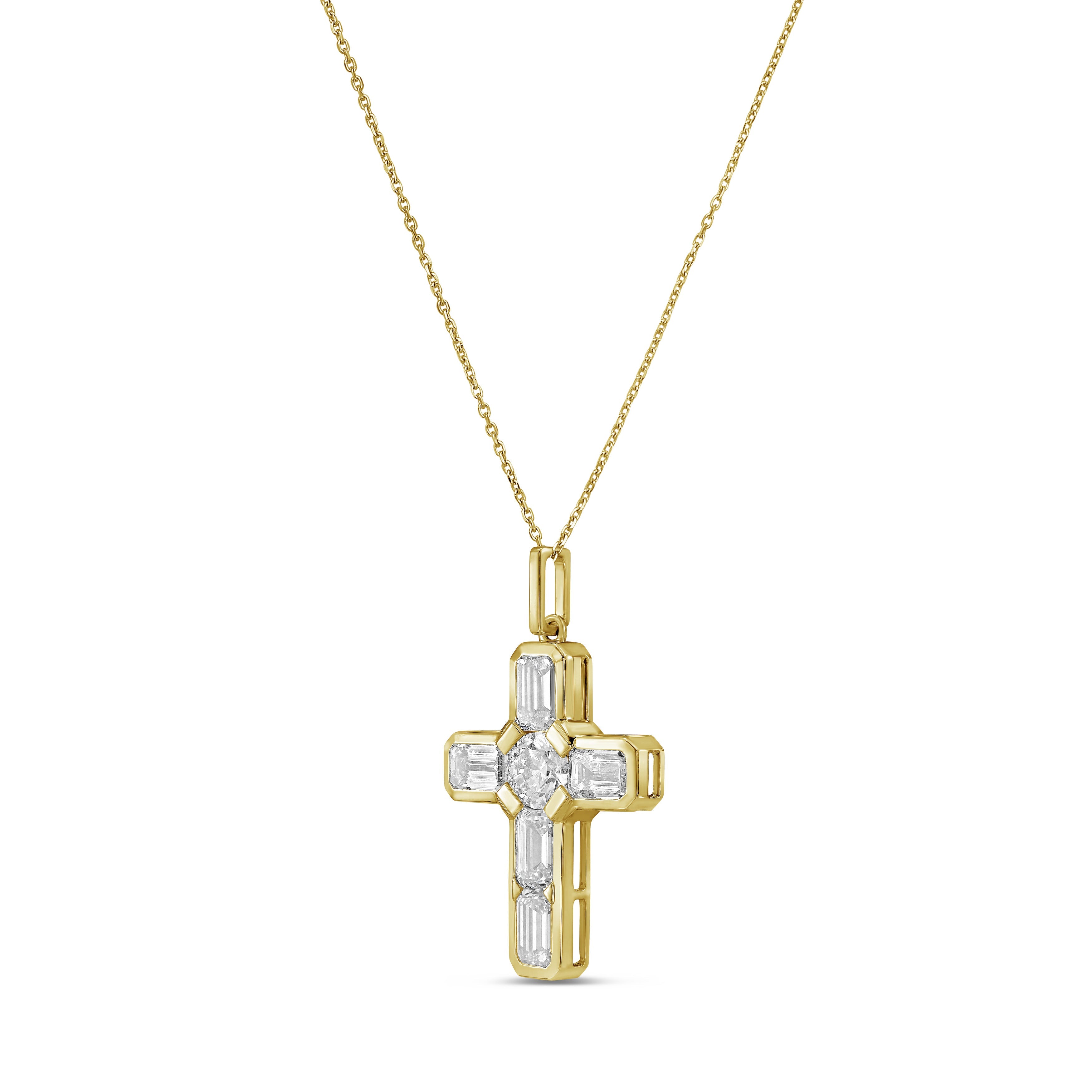 Lab Grown Round & Emerald Diamond Bezel Cross Pendant