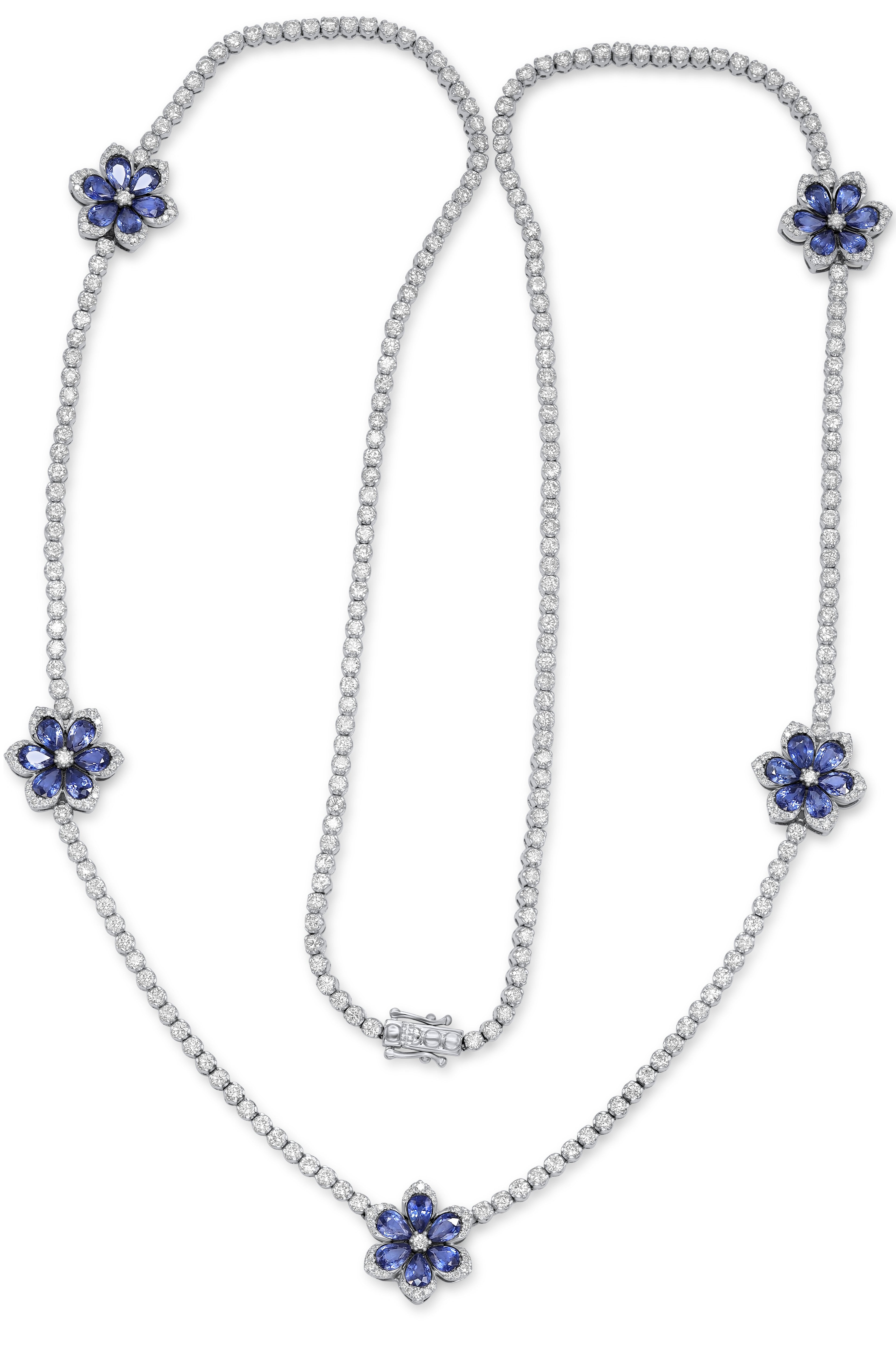 37.50ct Diamond and Sapphire Flower Tennis Necklace