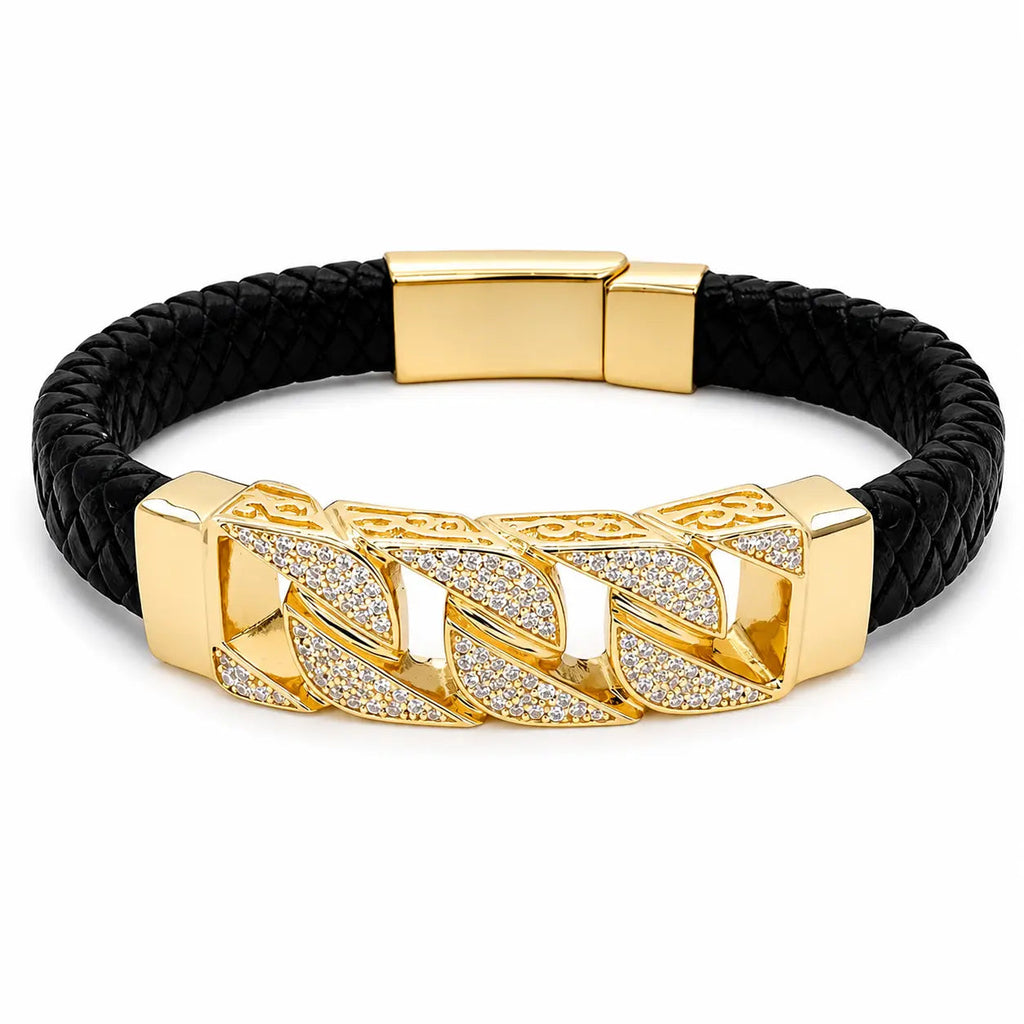 AZL Men 04 White Diamond Crystalline Black Leather Bracelet