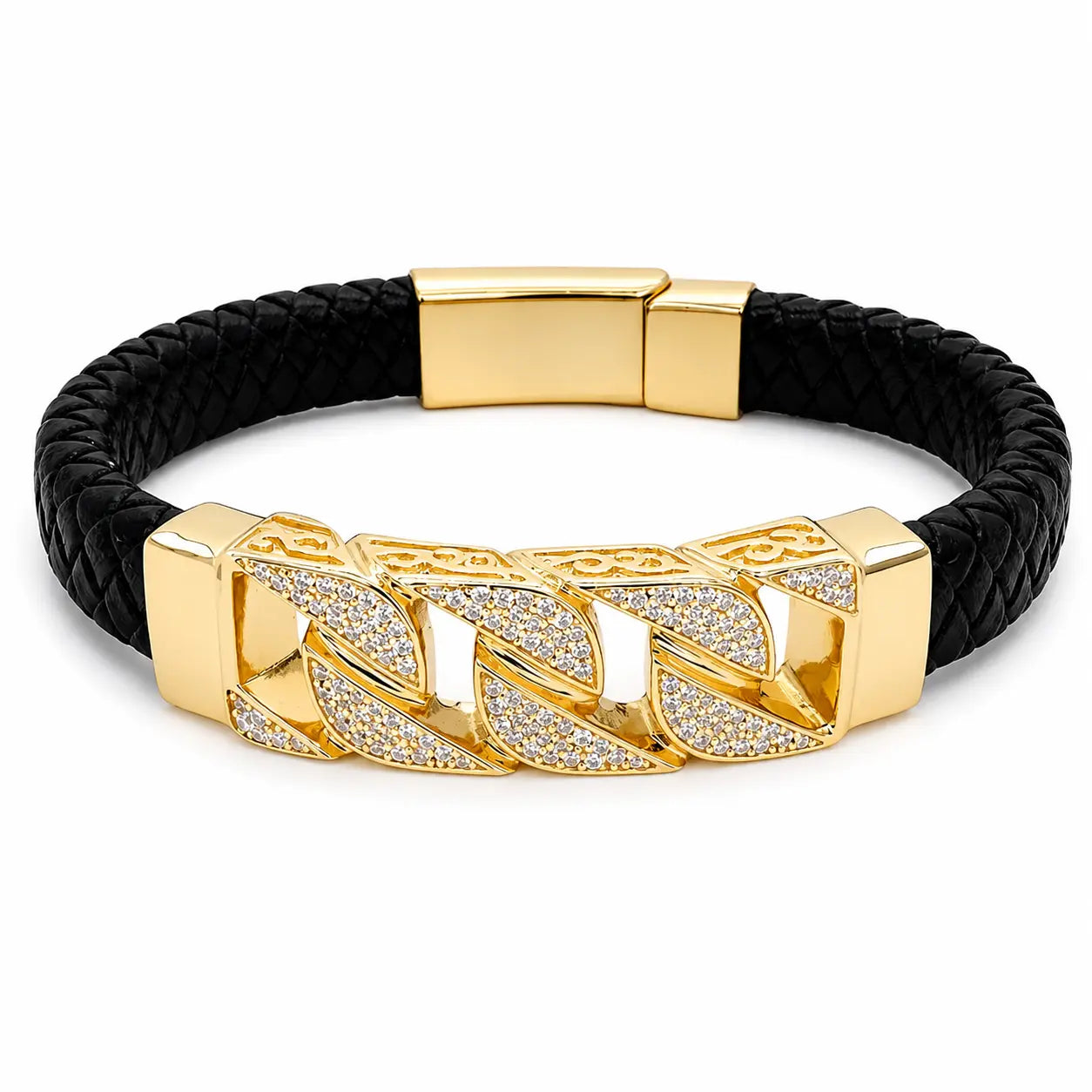 AZL Men 04 White Diamond Crystalline Black Leather Bracelet