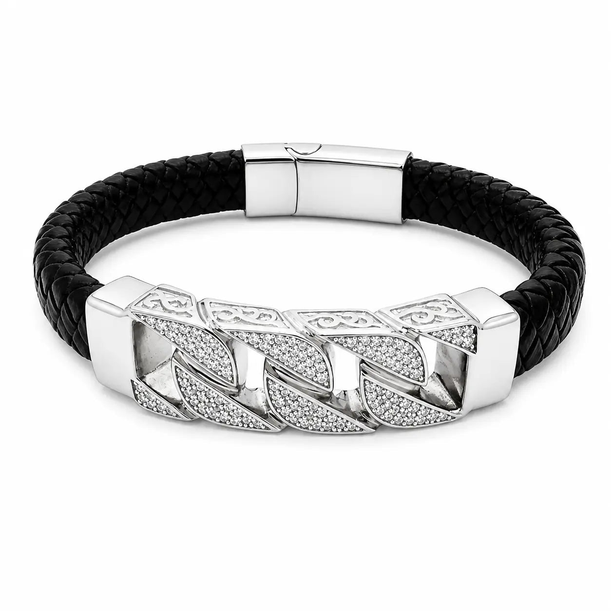 AZL Men 04 White Diamond Crystalline Black Leather Bracelet