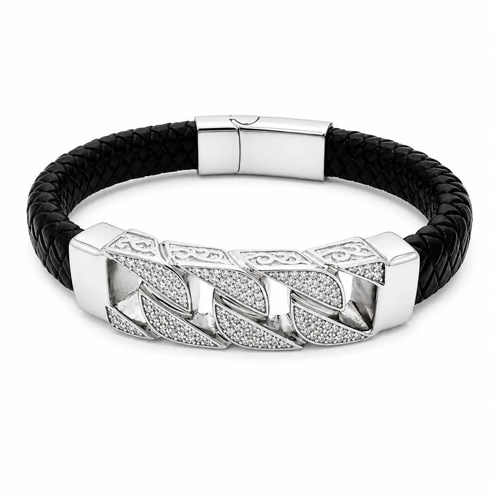 AZL Men 04 White Diamond Crystalline Black Leather Bracelet