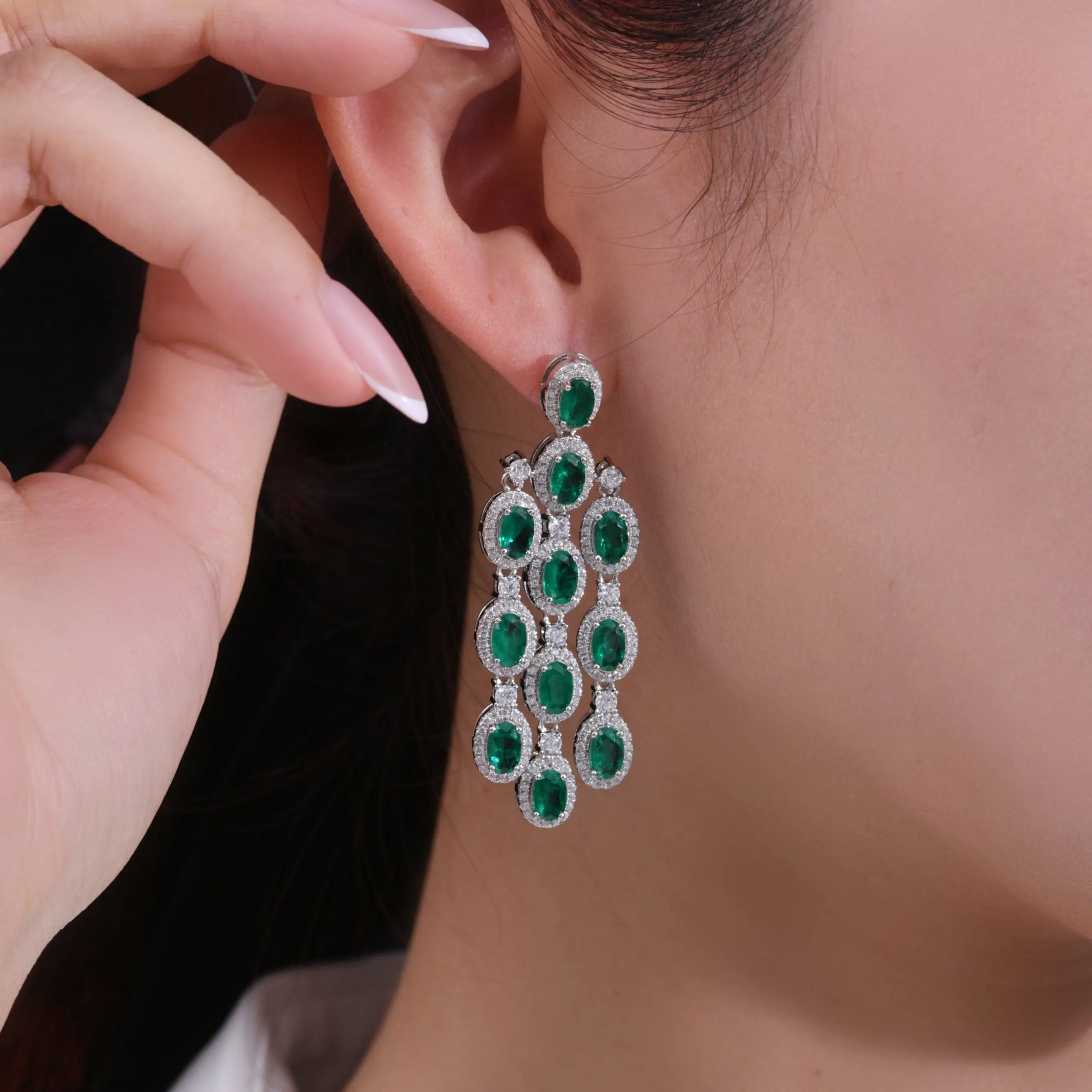 Art Deco Chandelier Earrings in Emerald