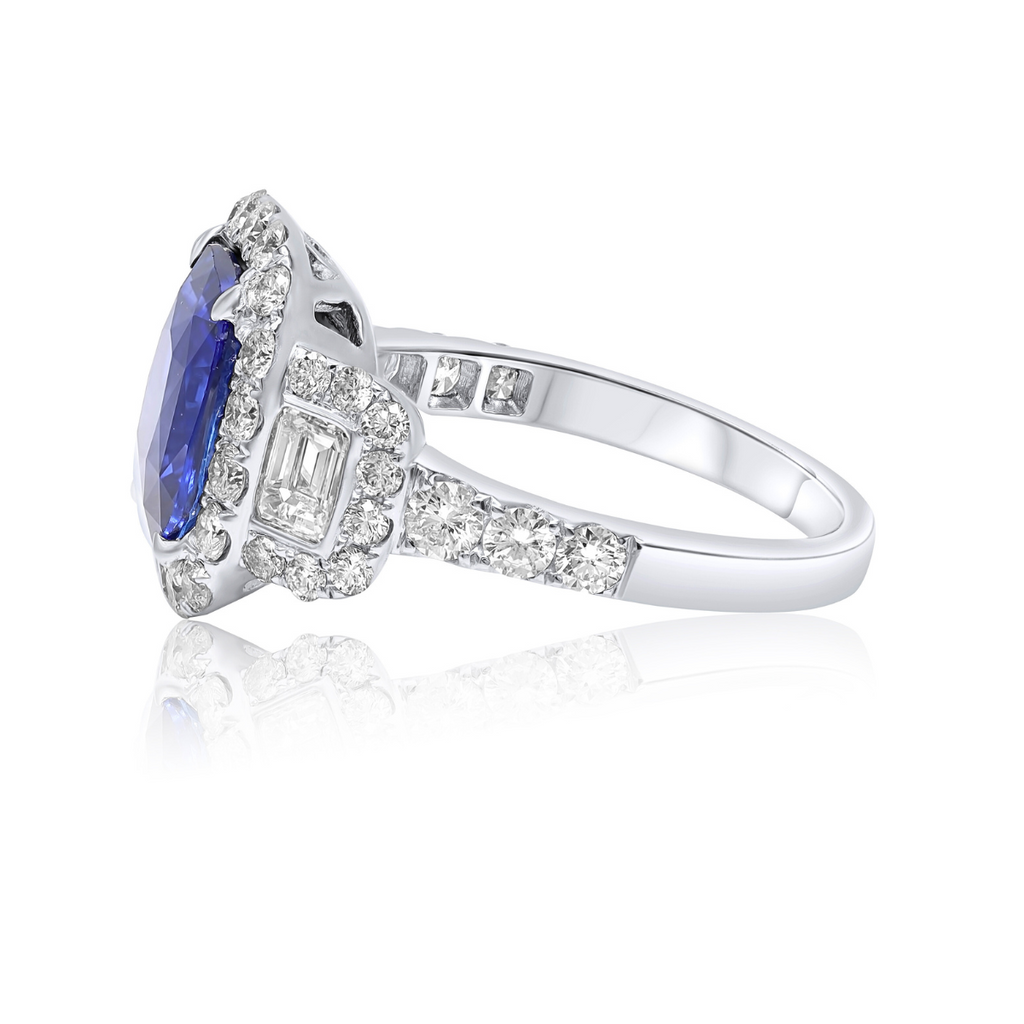18kt White Gold Sapphire Three Stone Halo Ring