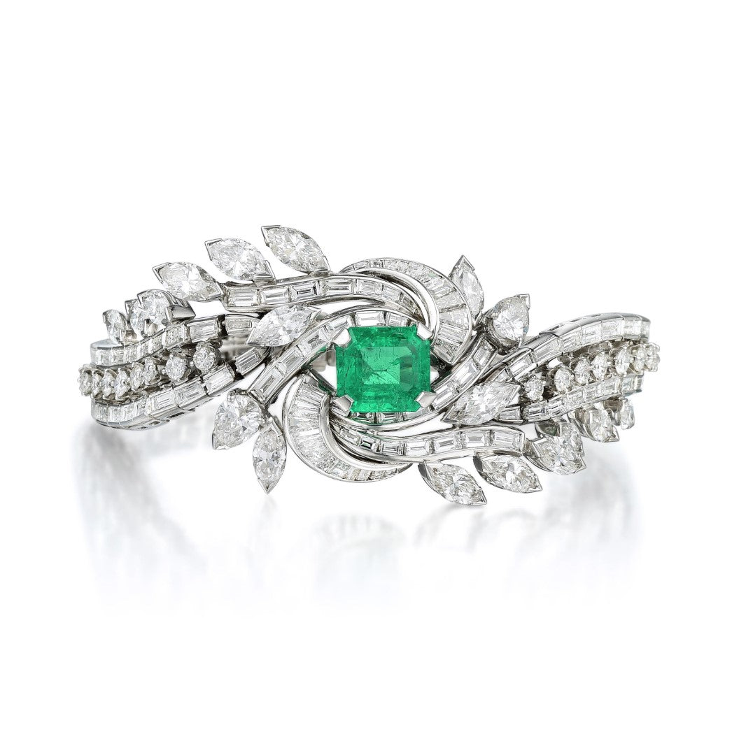 Emerald And Diamond Bracelet With Whirlpool-Shaped Center