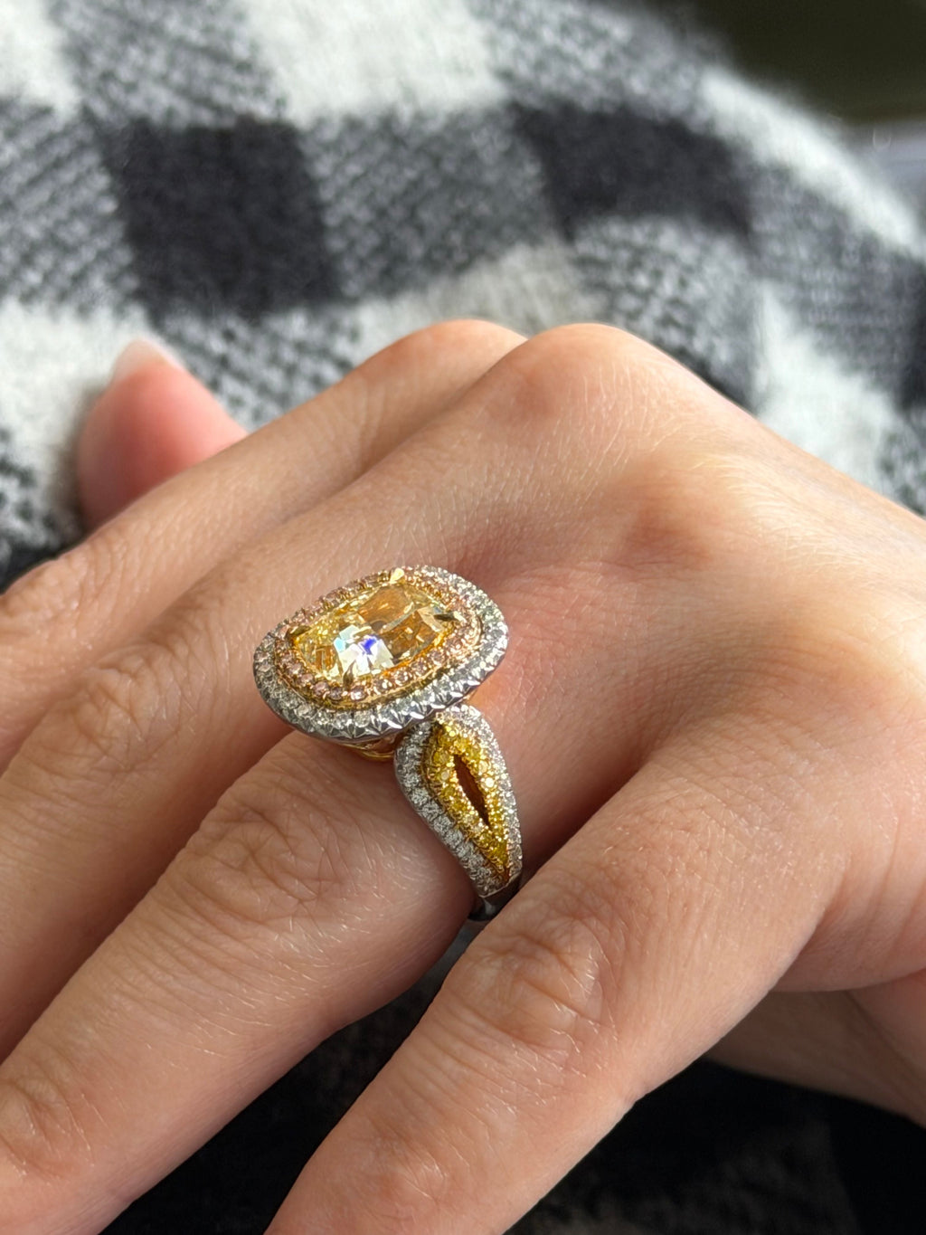 Cushion Cut With Side Pink & White Diamond Ring