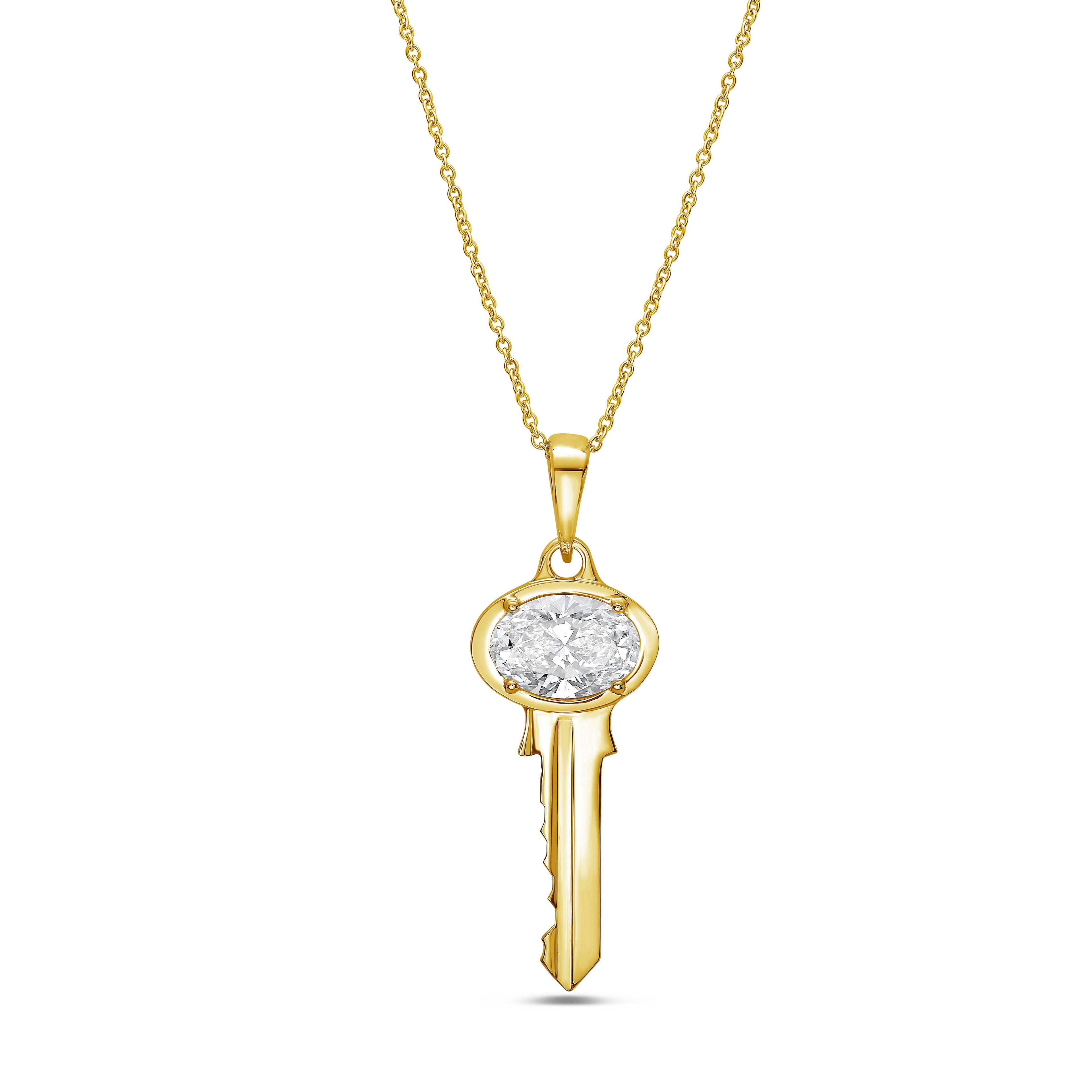 Lab-Grown Oval Diamond Accent Key Pendant, 14K Gold